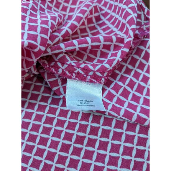 ANA Tunic Blouse M Pink Printed Hi Low V Split Neck Tie Front Office Relaxed Fit - Picture 7 of 12